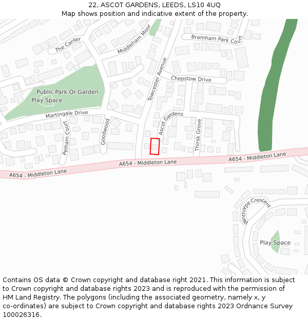 22, ASCOT GARDENS, LEEDS, LS10 4UQ: Location map and indicative extent of plot