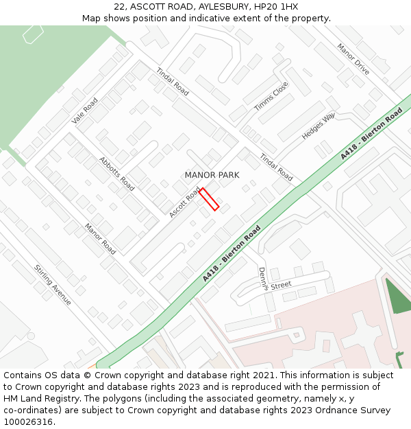 22, ASCOTT ROAD, AYLESBURY, HP20 1HX: Location map and indicative extent of plot