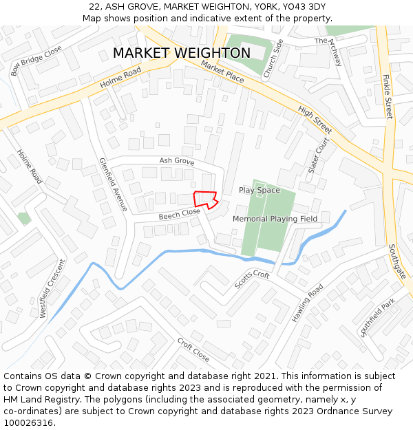 22, ASH GROVE, MARKET WEIGHTON, YORK, YO43 3DY: Location map and indicative extent of plot