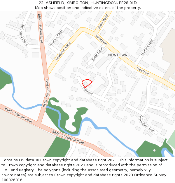 22, ASHFIELD, KIMBOLTON, HUNTINGDON, PE28 0LD: Location map and indicative extent of plot