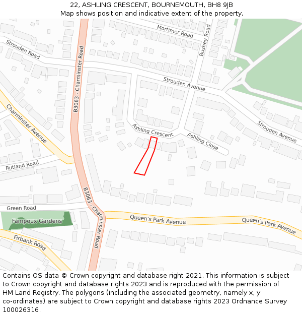 22, ASHLING CRESCENT, BOURNEMOUTH, BH8 9JB: Location map and indicative extent of plot