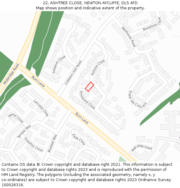 22, ASHTREE CLOSE, NEWTON AYCLIFFE, DL5 4FD: Location map and indicative extent of plot