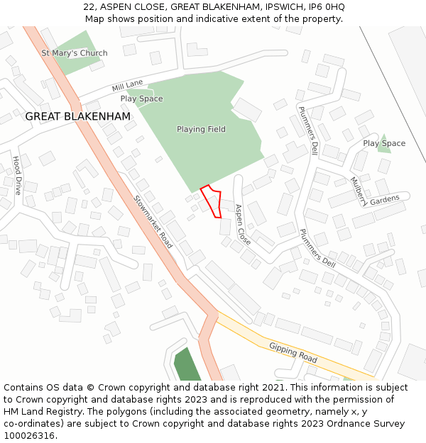 22, ASPEN CLOSE, GREAT BLAKENHAM, IPSWICH, IP6 0HQ: Location map and indicative extent of plot