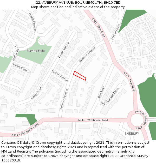 22, AVEBURY AVENUE, BOURNEMOUTH, BH10 7ED: Location map and indicative extent of plot