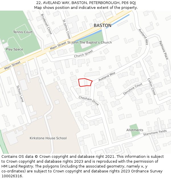 22, AVELAND WAY, BASTON, PETERBOROUGH, PE6 9QJ: Location map and indicative extent of plot