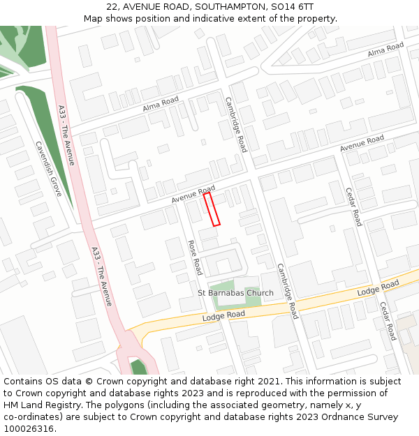 22, AVENUE ROAD, SOUTHAMPTON, SO14 6TT: Location map and indicative extent of plot