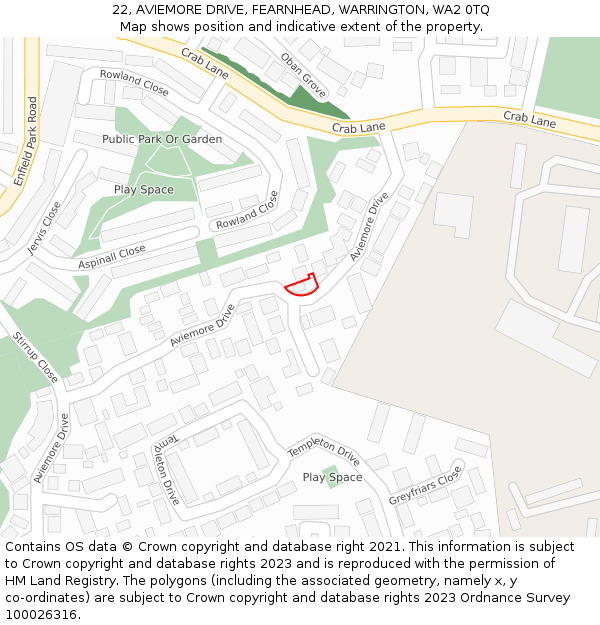 22, AVIEMORE DRIVE, FEARNHEAD, WARRINGTON, WA2 0TQ: Location map and indicative extent of plot