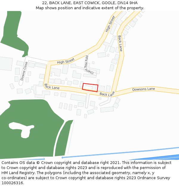 22, BACK LANE, EAST COWICK, GOOLE, DN14 9HA: Location map and indicative extent of plot