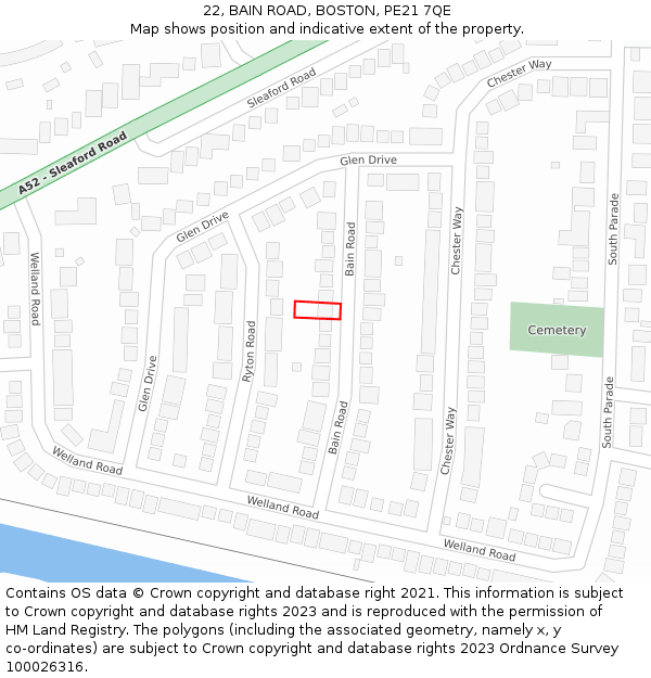 22, BAIN ROAD, BOSTON, PE21 7QE: Location map and indicative extent of plot