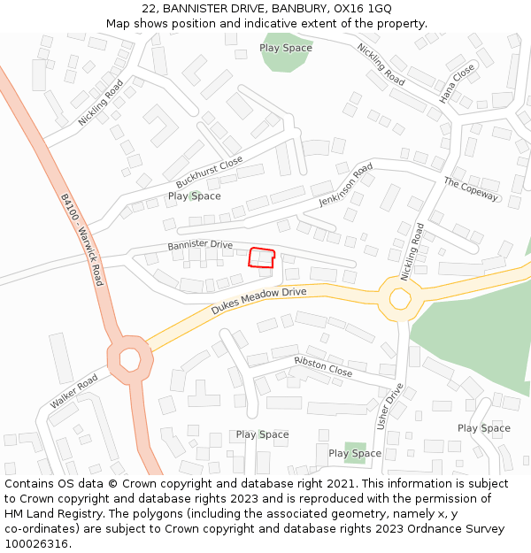 22, BANNISTER DRIVE, BANBURY, OX16 1GQ: Location map and indicative extent of plot