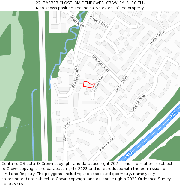 22, BARBER CLOSE, MAIDENBOWER, CRAWLEY, RH10 7LU: Location map and indicative extent of plot