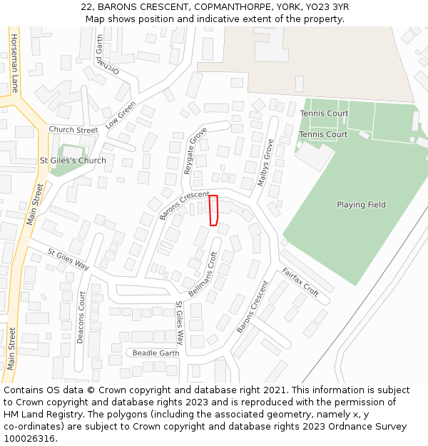 22, BARONS CRESCENT, COPMANTHORPE, YORK, YO23 3YR: Location map and indicative extent of plot
