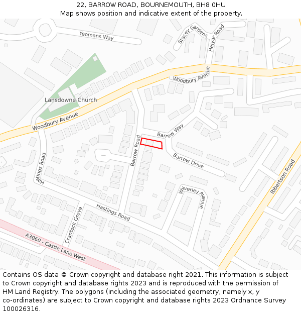 22, BARROW ROAD, BOURNEMOUTH, BH8 0HU: Location map and indicative extent of plot