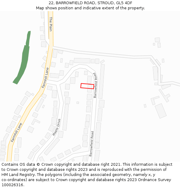 22, BARROWFIELD ROAD, STROUD, GL5 4DF: Location map and indicative extent of plot