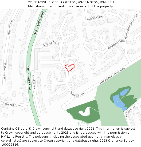 22, BEAMISH CLOSE, APPLETON, WARRINGTON, WA4 5RH: Location map and indicative extent of plot