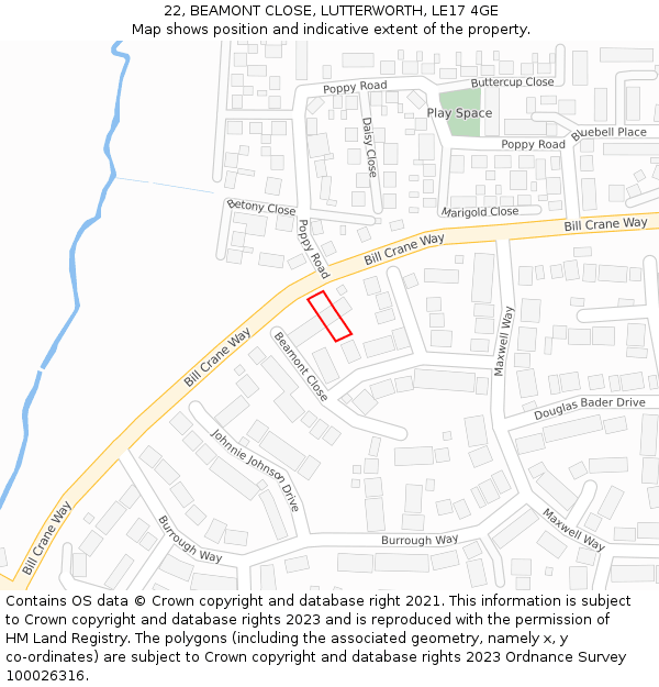 22, BEAMONT CLOSE, LUTTERWORTH, LE17 4GE: Location map and indicative extent of plot