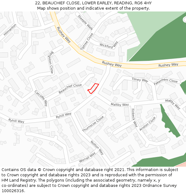 22, BEAUCHIEF CLOSE, LOWER EARLEY, READING, RG6 4HY: Location map and indicative extent of plot