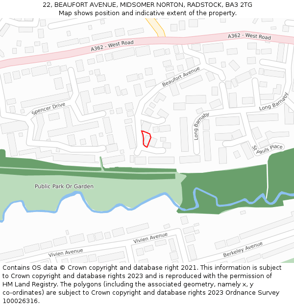 22, BEAUFORT AVENUE, MIDSOMER NORTON, RADSTOCK, BA3 2TG: Location map and indicative extent of plot