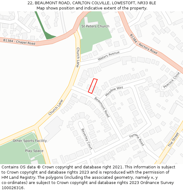 22, BEAUMONT ROAD, CARLTON COLVILLE, LOWESTOFT, NR33 8LE: Location map and indicative extent of plot