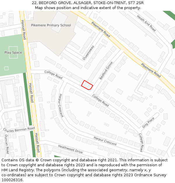 22, BEDFORD GROVE, ALSAGER, STOKE-ON-TRENT, ST7 2SR: Location map and indicative extent of plot