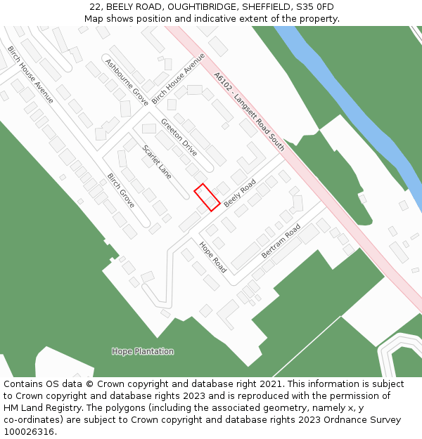 22, BEELY ROAD, OUGHTIBRIDGE, SHEFFIELD, S35 0FD: Location map and indicative extent of plot