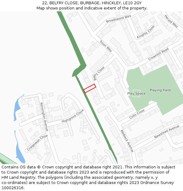 22, BELFRY CLOSE, BURBAGE, HINCKLEY, LE10 2GY: Location map and indicative extent of plot