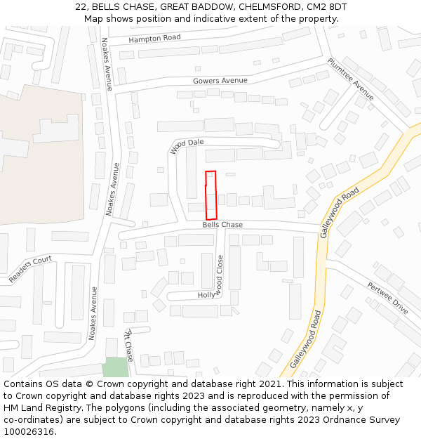 22, BELLS CHASE, GREAT BADDOW, CHELMSFORD, CM2 8DT: Location map and indicative extent of plot