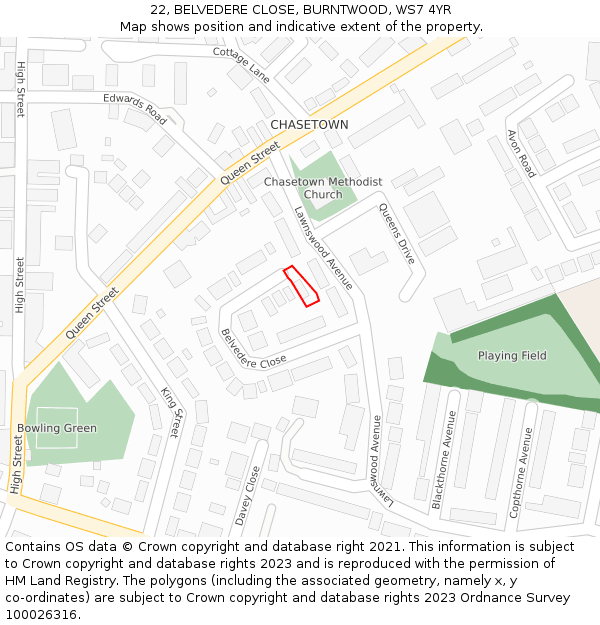 22, BELVEDERE CLOSE, BURNTWOOD, WS7 4YR: Location map and indicative extent of plot