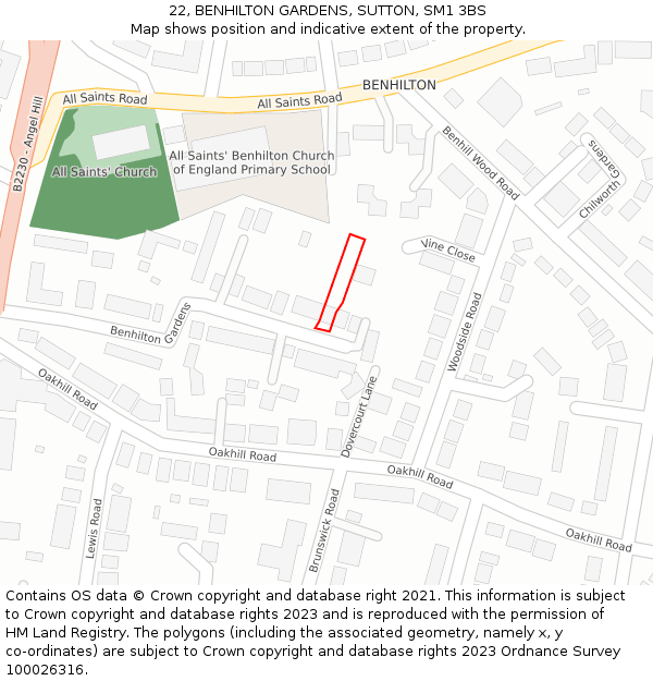 22, BENHILTON GARDENS, SUTTON, SM1 3BS: Location map and indicative extent of plot