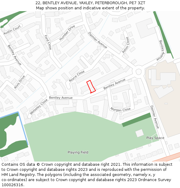 22, BENTLEY AVENUE, YAXLEY, PETERBOROUGH, PE7 3ZT: Location map and indicative extent of plot
