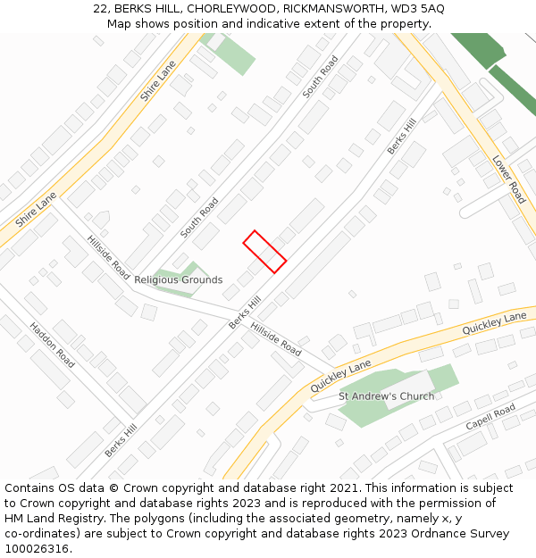 22, BERKS HILL, CHORLEYWOOD, RICKMANSWORTH, WD3 5AQ: Location map and indicative extent of plot