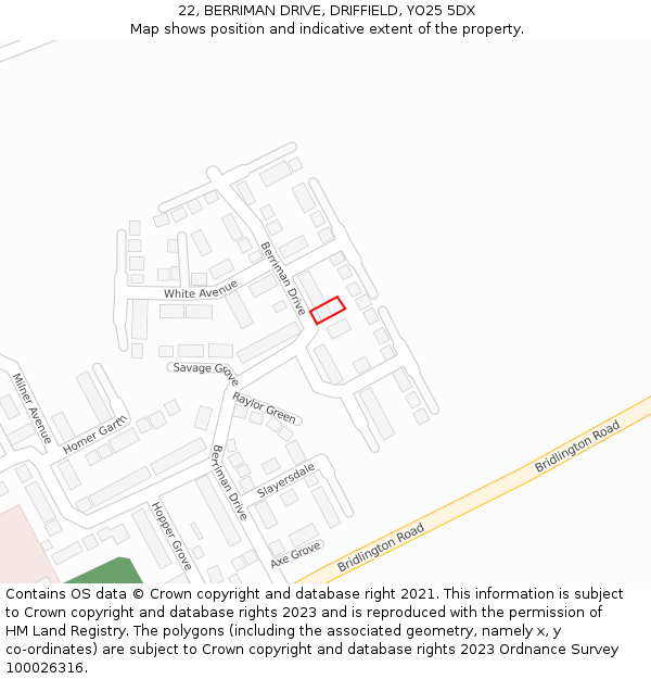 22, BERRIMAN DRIVE, DRIFFIELD, YO25 5DX: Location map and indicative extent of plot