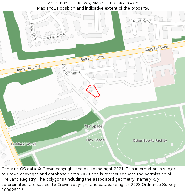22, BERRY HILL MEWS, MANSFIELD, NG18 4GY: Location map and indicative extent of plot
