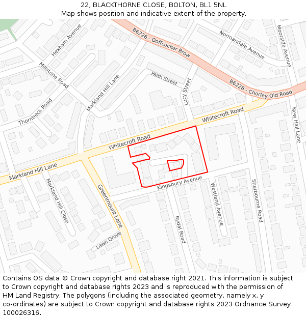 22, BLACKTHORNE CLOSE, BOLTON, BL1 5NL: Location map and indicative extent of plot