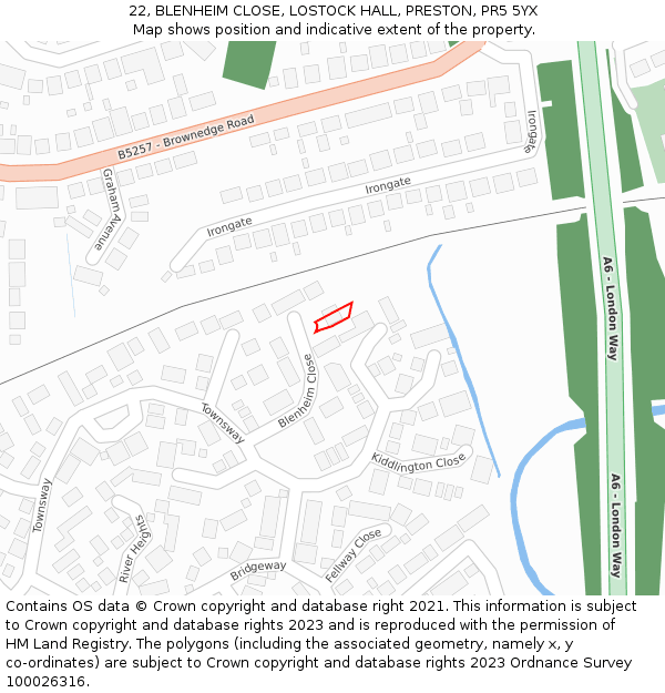 22, BLENHEIM CLOSE, LOSTOCK HALL, PRESTON, PR5 5YX: Location map and indicative extent of plot