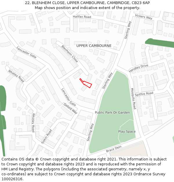22, BLENHEIM CLOSE, UPPER CAMBOURNE, CAMBRIDGE, CB23 6AP: Location map and indicative extent of plot