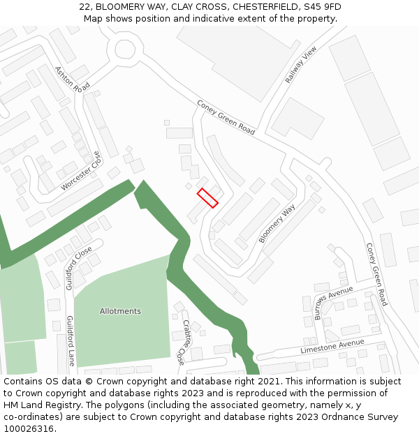 22, BLOOMERY WAY, CLAY CROSS, CHESTERFIELD, S45 9FD: Location map and indicative extent of plot