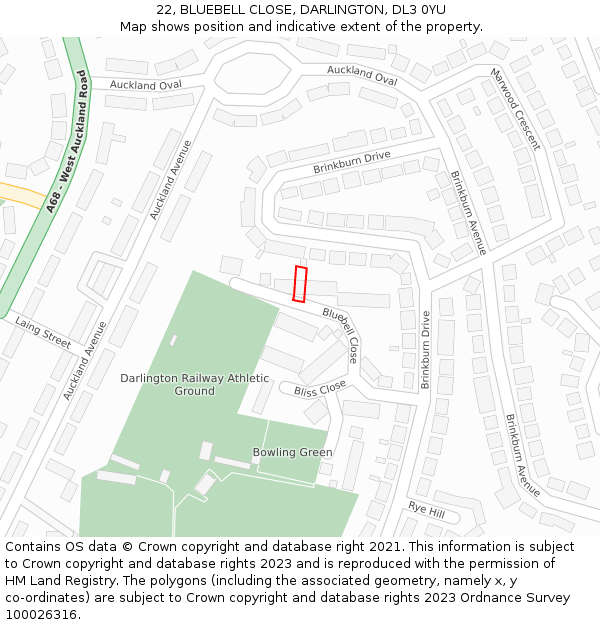 22, BLUEBELL CLOSE, DARLINGTON, DL3 0YU: Location map and indicative extent of plot