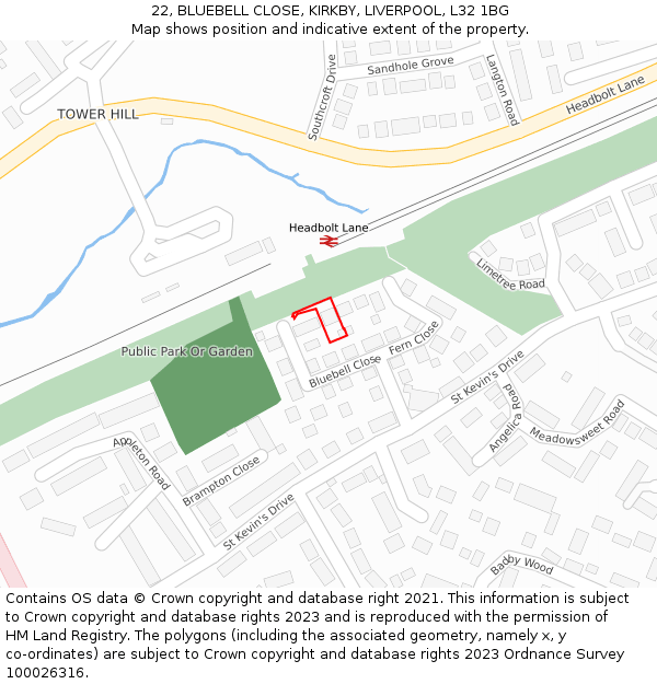 22, BLUEBELL CLOSE, KIRKBY, LIVERPOOL, L32 1BG: Location map and indicative extent of plot
