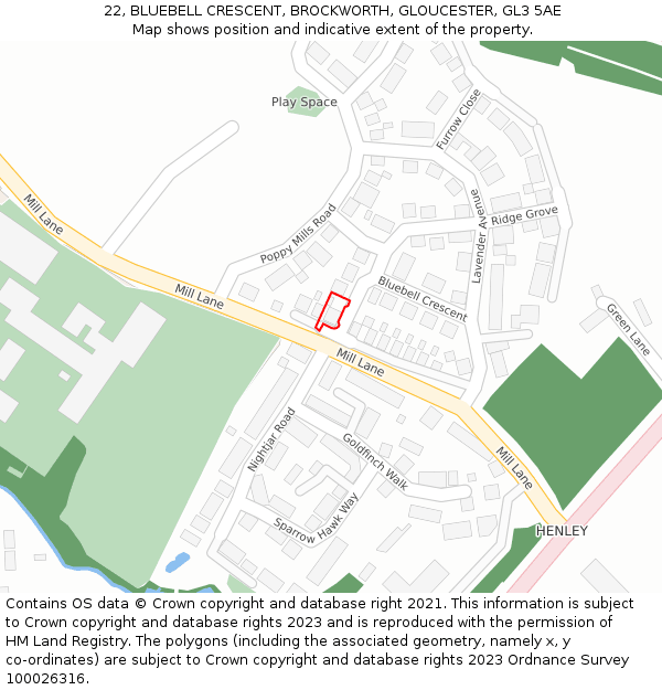 22, BLUEBELL CRESCENT, BROCKWORTH, GLOUCESTER, GL3 5AE: Location map and indicative extent of plot