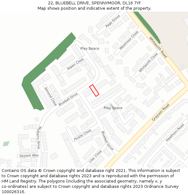 22, BLUEBELL DRIVE, SPENNYMOOR, DL16 7YF: Location map and indicative extent of plot