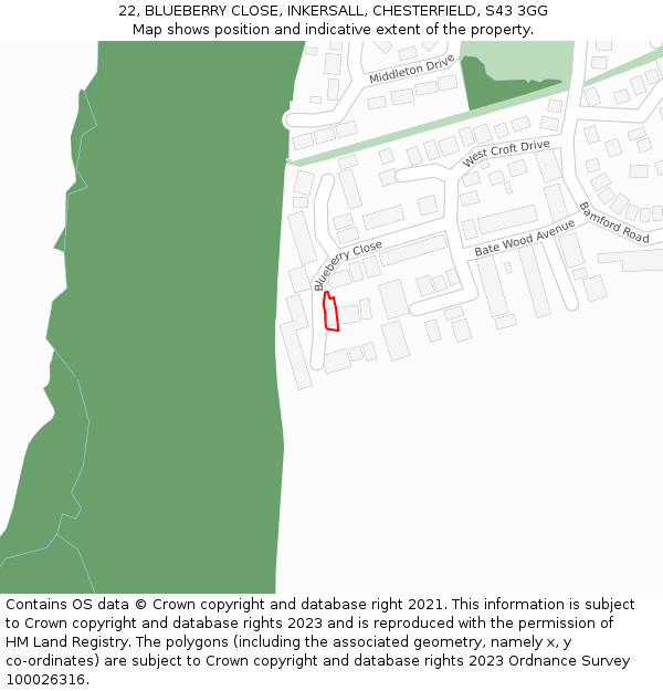 22, BLUEBERRY CLOSE, INKERSALL, CHESTERFIELD, S43 3GG: Location map and indicative extent of plot
