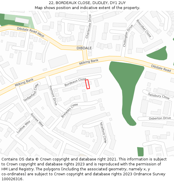 22, BORDEAUX CLOSE, DUDLEY, DY1 2UY: Location map and indicative extent of plot