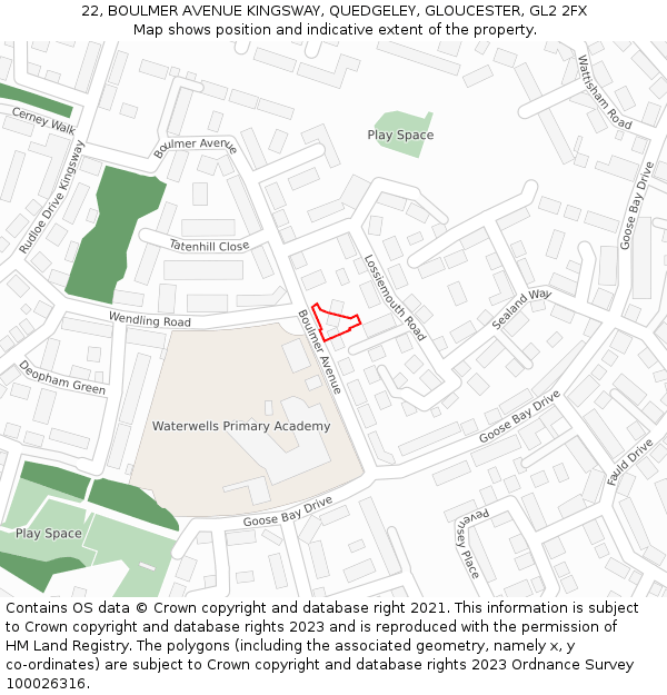22, BOULMER AVENUE KINGSWAY, QUEDGELEY, GLOUCESTER, GL2 2FX: Location map and indicative extent of plot