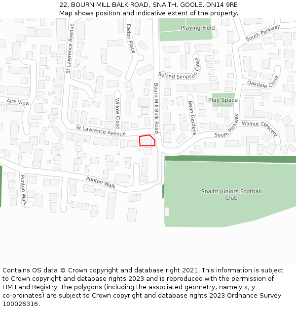 22, BOURN MILL BALK ROAD, SNAITH, GOOLE, DN14 9RE: Location map and indicative extent of plot