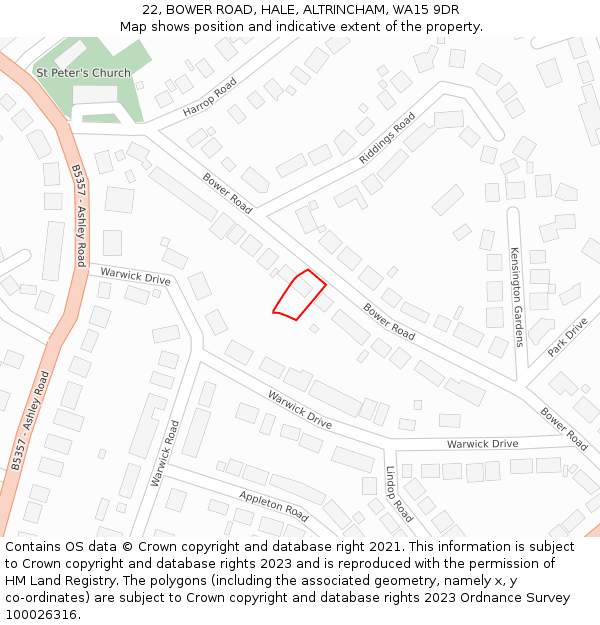 22, BOWER ROAD, HALE, ALTRINCHAM, WA15 9DR: Location map and indicative extent of plot