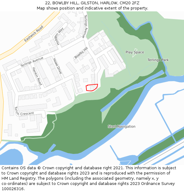 22, BOWLBY HILL, GILSTON, HARLOW, CM20 2FZ: Location map and indicative extent of plot