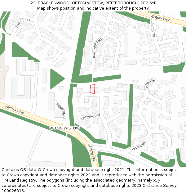 22, BRACKENWOOD, ORTON WISTOW, PETERBOROUGH, PE2 6YP: Location map and indicative extent of plot