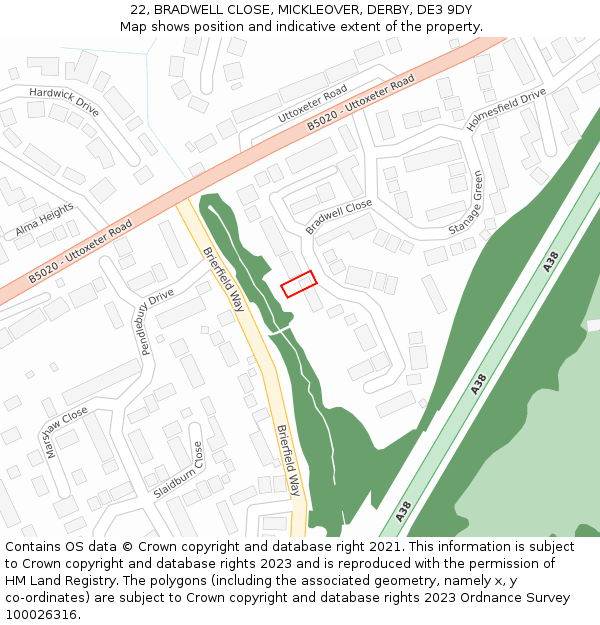 22, BRADWELL CLOSE, MICKLEOVER, DERBY, DE3 9DY: Location map and indicative extent of plot