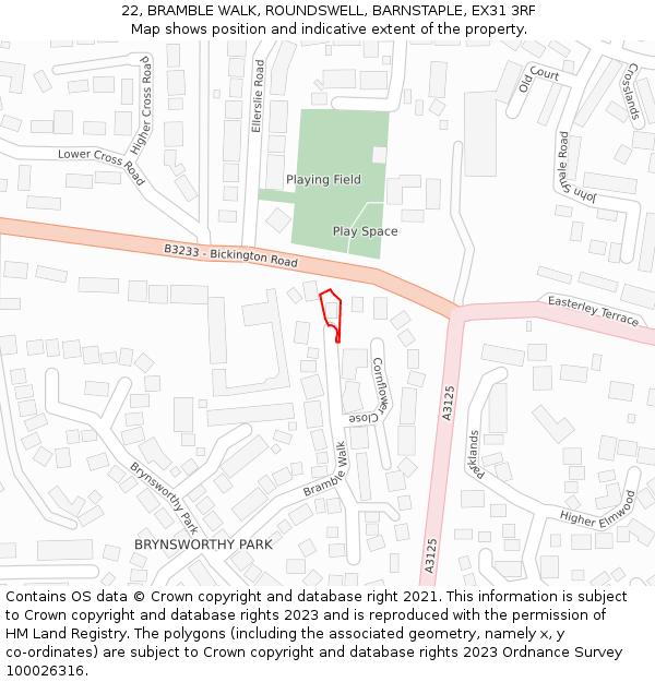 22, BRAMBLE WALK, ROUNDSWELL, BARNSTAPLE, EX31 3RF: Location map and indicative extent of plot